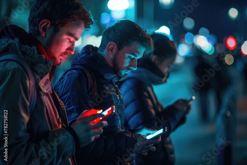 people on street,time of night, addicted to phone. Internet addition concept.