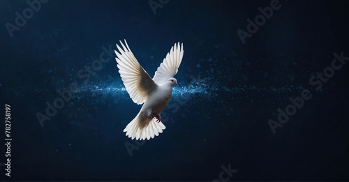 white dove flying on a dark background, flying white dove symbol of peace