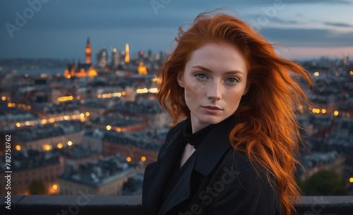 Portrait of a beautiful red-haired model, a ginger model with a face of beauty and red hair, noir, contrast, color paint, multiple colors, city at background , detailed © rodrigo