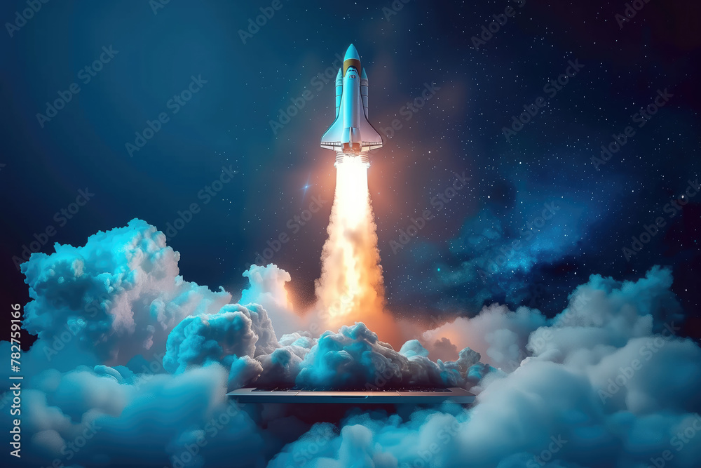 Laptop and rocket taking off from the screen, Blue background, Startup concept. Generative AI