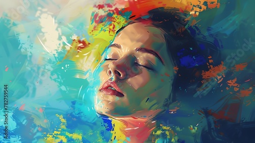 A woman, her eyes closed, is depicted in a beautiful and expressive digital painting, her face appearing to be submerged in colorful oils.