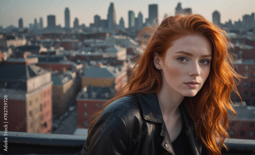 Portrait of a beautiful red-haired model, a ginger model with a face of beauty and red hair, noir, contrast, color paint, multiple colors, city at background , detailed Portrait of a beautiful red-haired model, a ginger model with a face of beauty and red hair, noir, contrast, color paint, multiple colors, city at background , detailed