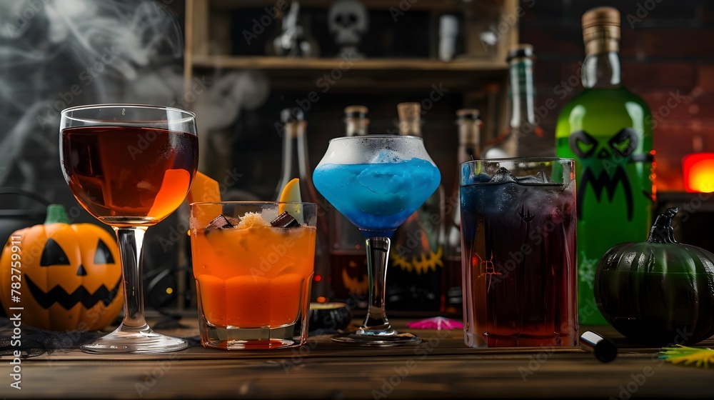 An assortment of original Halloween themed cocktails and drinks of different colors inside party An assortment of original Halloween themed cocktails and drinks of different colors inside party