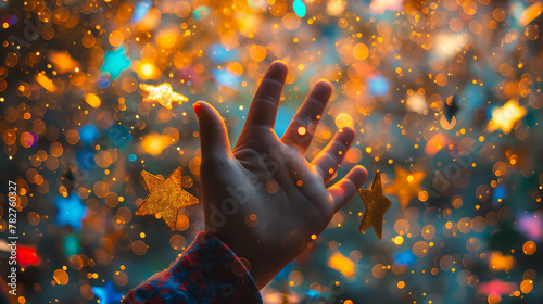 A person's hand reaches out against a backdrop of colorful bokeh lights and stars, conveying a sense of wonder, aspiration, and the human desire to explore and dream #782760327