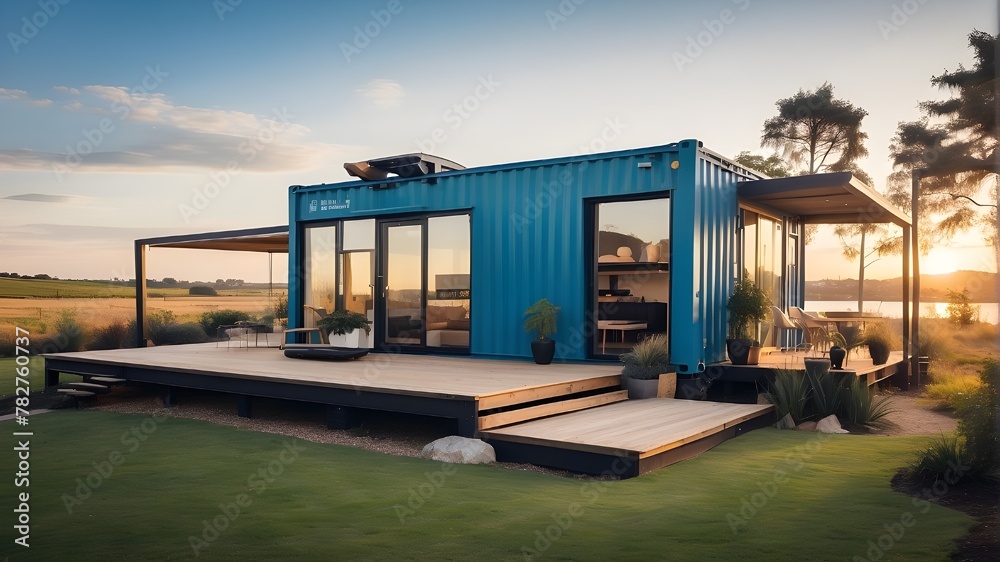 A compact, contemporary dwelling made out of shipping containers on a beautiful day. Holiday homes or sustainable, environmentally friendly lodging can be found in shipping container homes. View More