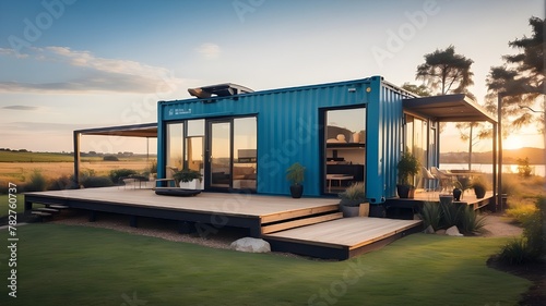 A compact, contemporary dwelling made out of shipping containers on a beautiful day. Holiday homes or sustainable, environmentally friendly lodging can be found in shipping container homes. View More © Sabir