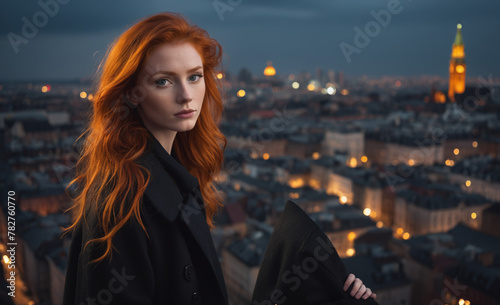 Portrait of a beautiful red-haired model, a ginger model with a face of beauty and red hair, noir, contrast, color paint, multiple colors, city at background , detailed © rodrigo