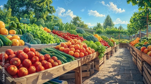 A vibrant, organic farmers market stand, overflowing with fresh, colorful vegetables and fruits, under a clear blue sky, emphasizing the abundance and variety of local, chemical-free produce