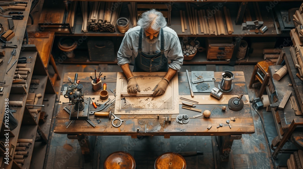 Man sitting at wooden table in workshop, surrounded by tools and machines Man sitting at wooden table in workshop, surrounded by tools and machines