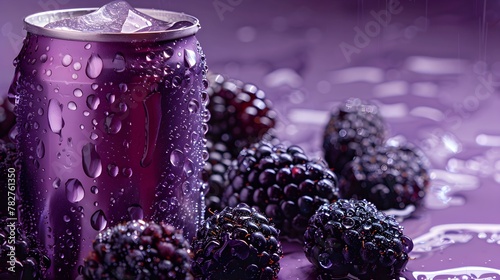 chilled purple soda can with water droplets among fresh blackberries on a violet backdrop