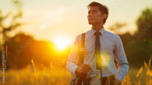 Young professional holding a jar of coins in a field at sunset, depicting financial goals and saving photo