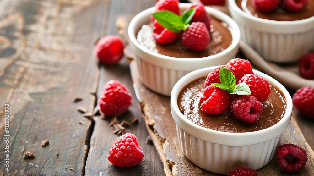 Chocolate pots de creme dessert in ramekins with raspberries. Copy space image. Place for adding text Chocolate pots de creme dessert in ramekins with raspberries. Copy space image. Place for adding text
