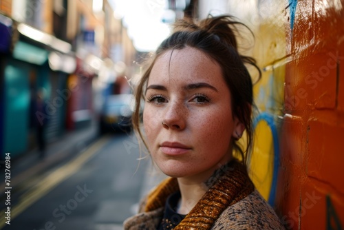 Beautiful young woman with freckles and brown hair posing in an urban context