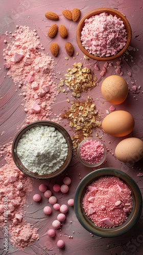 Baking ingredients arranged on a soft pink pastel surface, creating a flat lay image with empty space. View from above, conveying a baking theme. Mockup included 