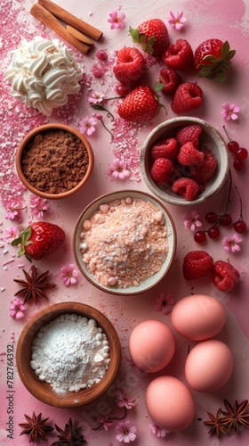 Baking ingredients arranged on a soft pink pastel surface, creating a flat lay image with empty space. View from above, conveying a baking theme. Mockup included 