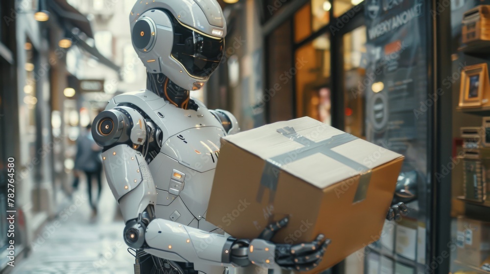 Humanoid robot in office attire holding a cardboard box, depicting futuristic workplace automation and AI integration in business. Humanoid robot in office attire holding a cardboard box, depicting futuristic workplace automation and AI integration in business.