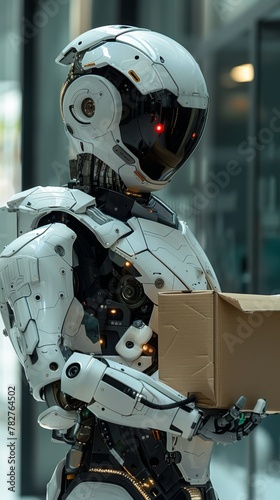 Humanoid robot in office attire holding a cardboard box, depicting futuristic workplace automation and AI integration in business. 