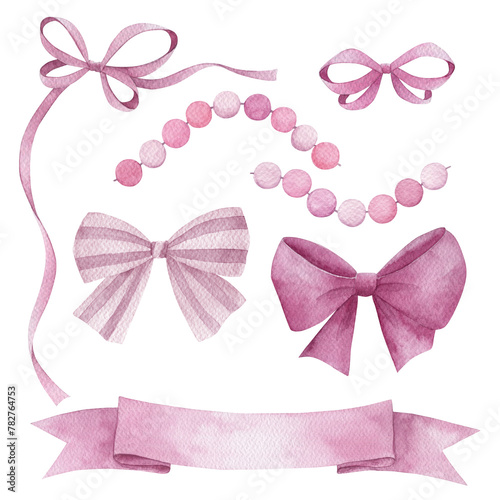 Watercolor set of isolated pink bows on white background. Ribbons collection. Hand drawn sketch illustration