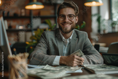 happy and smile businessman with his money on table