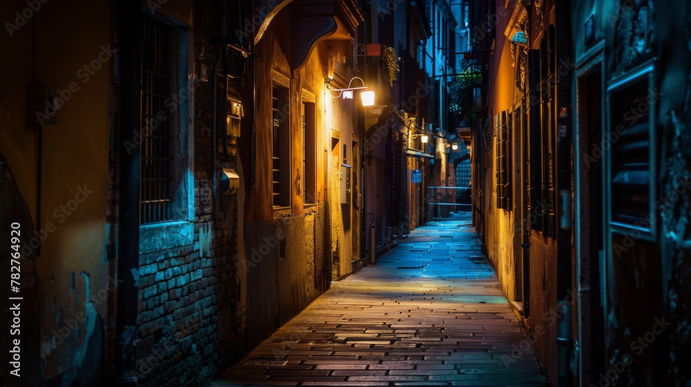 Fototapeta premium The darkened alleyways are now adorned with a soft celestial glow giving the city an otherworldly aura. . .