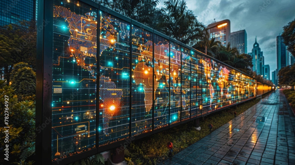 An innovative solar panel displays digital graphs and world map, symbolizing global digital transformation in a suburban setting.