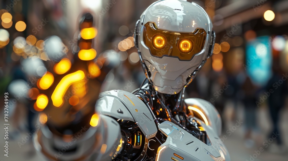 High-fidelity rendering of an AI robot with glowing eyes, extended hand, and dynamic details in a futuristic setting. High-fidelity rendering of an AI robot with glowing eyes, extended hand, and dynamic details in a futuristic setting.