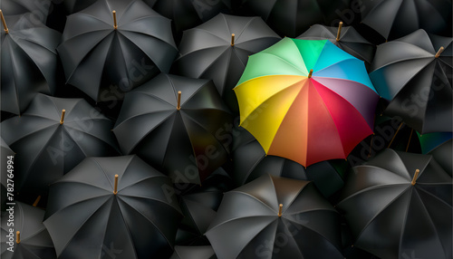 rainbow umbrella with black umbrellas around