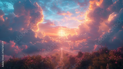 Christian cross appeared bright in the sky with soft fluffy clouds, white, beautiful colors. With the light shining as hope, love and freedom in the sky background #782765304