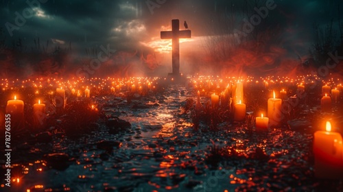 Concept photo of the cross surrounded by flickering candles, symbolizing the light of hope and guidance along the pilgrims journey. 