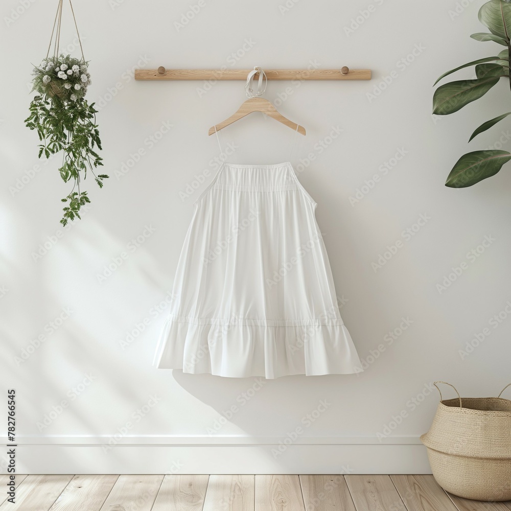 white dress mockup, lovely children's dress hanging from the hanger, white wall background, 3d render