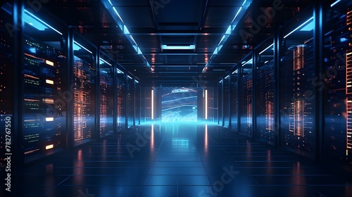 Data Technology Center Server Racks in Dark Room with 