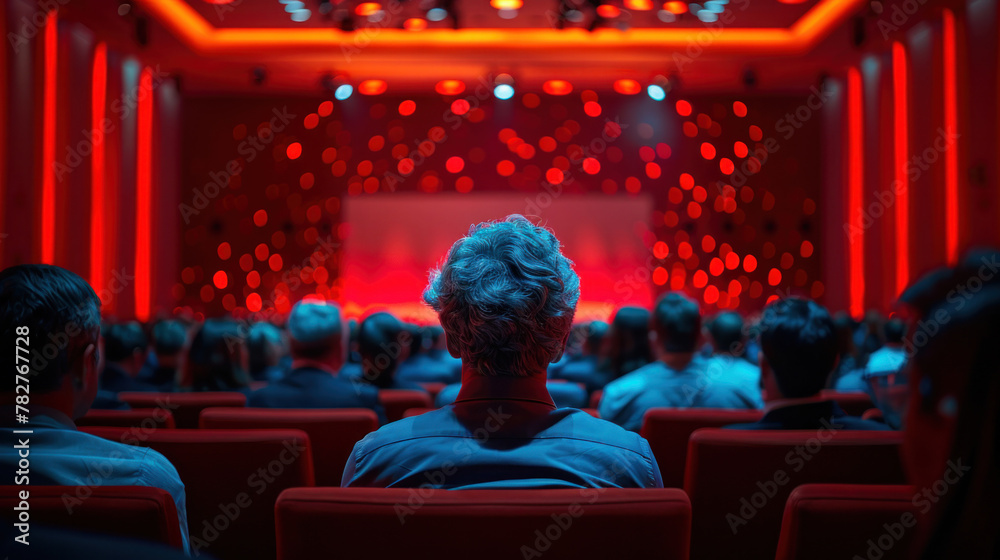 Business event ambiance: Audience seated in the conference hall, focused on the speaker's presentation. Business event ambiance: Audience seated in the conference hall, focused on the speaker's presentation.
