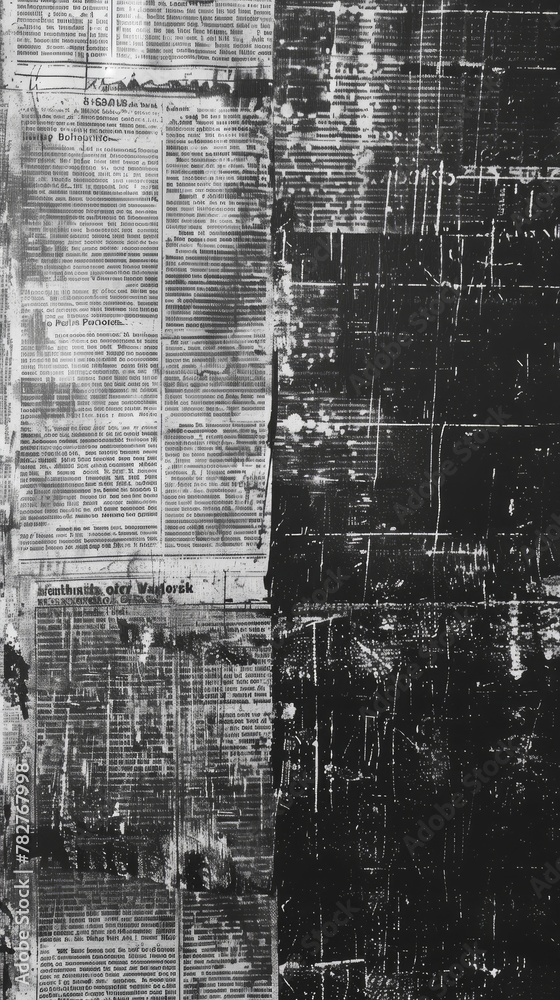 Detailed close-up of a vintage black and white newspaper print with visible texture. Wallpaper. Background.