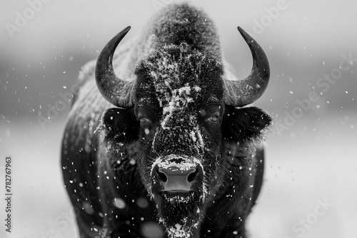 Winter Bison, Majestic bison braving a snowstorm, detailed texture of fur and horns.
