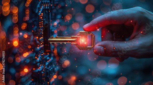 Digital key to the future: Hand holding a glowing key, unlocking technology. © tong2530