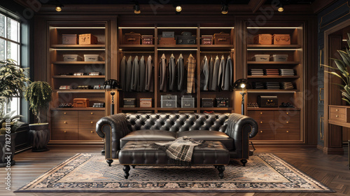 Elegant men's fashion boutique featuring a sophisticated black sofa. photo