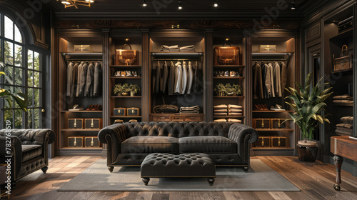 Luxurious men's clothing store interior with a sleek black sofa. photo