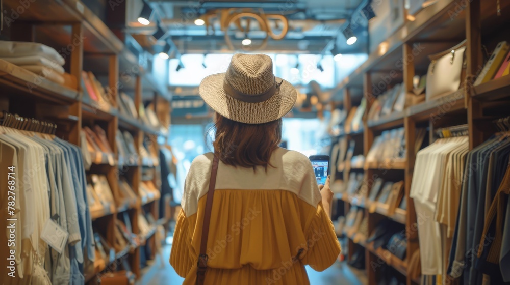 Fashion Forward: image of a fashionista browsing through clothing racks in a trendy boutique