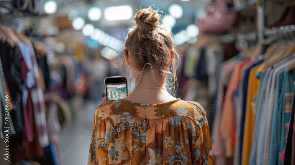Fashion Forward: image of a fashionista browsing through clothing racks in a trendy boutique Fashion Forward: image of a fashionista browsing through clothing racks in a trendy boutique