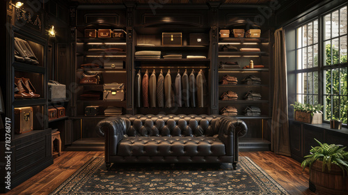 Premium men's apparel store with a luxurious black sofa for a stylish ambiance.