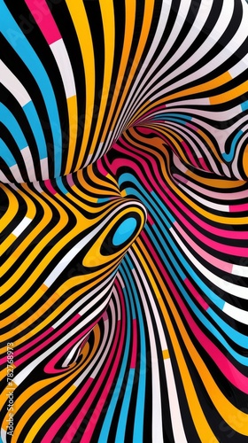 A vibrant abstract painting featuring a mesmerizing spiral design on a wavy background, creating an optical illusion