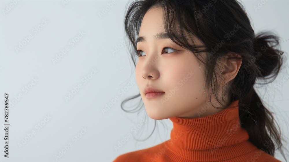 A thoughtful young Korean woman wears an orange turtleneck as she looks to the side against a white backdrop. A thoughtful young Korean woman wears an orange turtleneck as she looks to the side against a white backdrop.