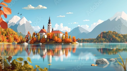 3D cartoon landscape of Lake Bled, Slovenia in autumn,Generative AI