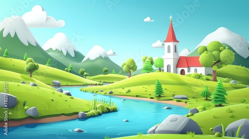 3D cartoon landscape with river, green hills and church, Generative AI