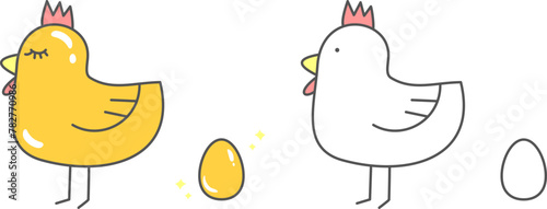 金の卵を産むニワトリと白い卵を産むニワトリのイラスト