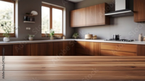 sleek wooden surface set against a softly blurred kitchen backdrop. ideal for themes of interior design, home decor, and minimalist aesthetics. © Sandaru Photography