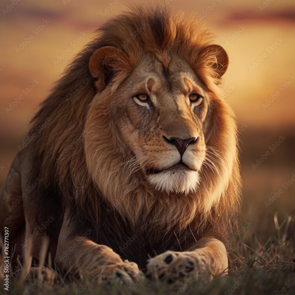 majestic lion captured in the evening light, with a beautifully blurred background. Perfect for wildlife, nature, and safari-themed content.