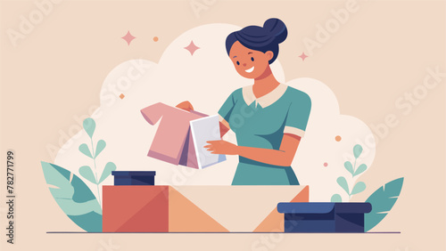 A woman excitedly unboxes a package from a fairtrade fashion brand filled with ethically made and sustainably sourced clothing. As she reads