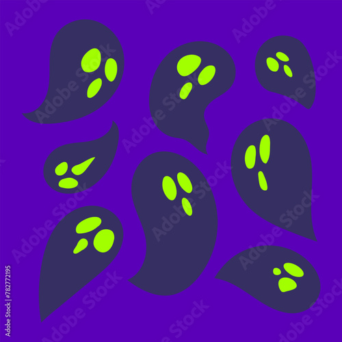 Cartoon ghost icons set for Halloween celebration. Flying ghost silhouette hand drawn illustrations. Vector isolated on background.