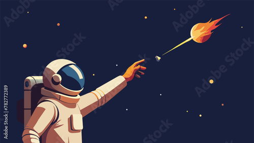 In the endless depths of space a lone astronaut reaches out to touch a fiery meteor as it blazes past. Amidst the backdrop of stars and